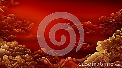 rich red background with gold oriental cloud, flowing waves, and elegant swirls, creating a luxurious and traditional Stock Photo