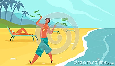 Rich rest. Wealthy people relaxing on beach. Summer vacation by sea. Cartoon man throwing dollar banknotes. People in Vector Illustration