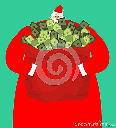 Rich santa and red bag with money. Claus sack of cash. Expensive Vector Illustration