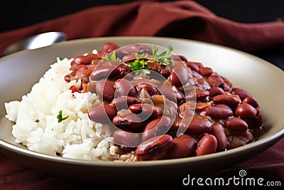 Rich and savory close-up of red beans and rice with steam rising from the plate and colorful spices on top Stock Photo