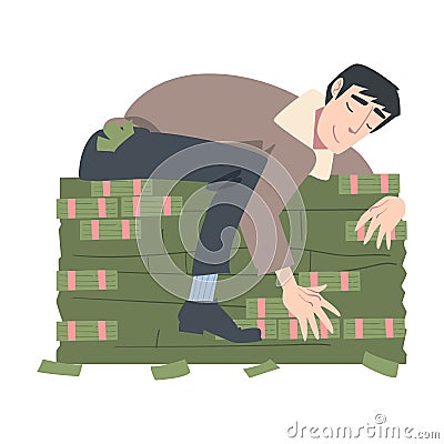 Rich Successful Businessman Hugging Big Pile of Money, Wealthy Person, Millionaire Character, Financial Success, Profit Vector Illustration