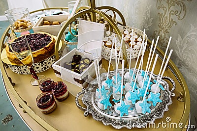 Rich thematic wedding candy bar, high variety of sweets Stock Photo