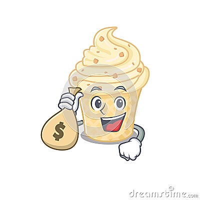 Rich vanilla ice cream cartoon design holds money bags Vector Illustration