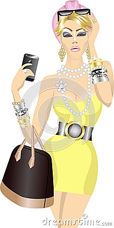 Rich woman with bag and mobile phone Vector Illustration
