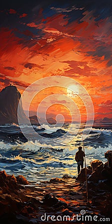 Epic Landscapes: A Red And Amber Painting Of A Man On The Shore Stock Photo