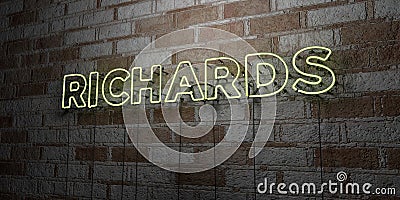 RICHARDS - Glowing Neon Sign on stonework wall - 3D rendered royalty free stock illustration Cartoon Illustration