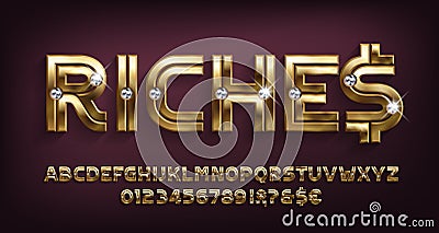 Riches alphabet font. Golden metal letters and numbers with diamonds. Vector Illustration
