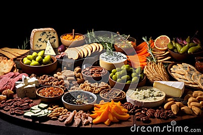 Richly adorned table with a variety of delectable cheese appetizers in a warm and inviting setting Stock Photo