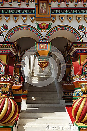 Richly decorated porch in the Russian style Stock Photo