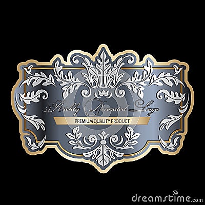 Richly decorated vintage baroque scroll design frame floral decoration with inscription premium quality. Retro style filigree Vector Illustration
