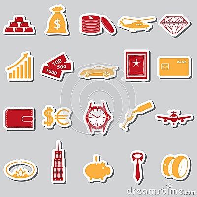 Richness and money theme color stickers set Vector Illustration