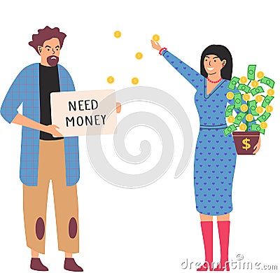 Richness and poverty concept. Rich happy woman scatter bills, poor man holding sign need money Vector Illustration