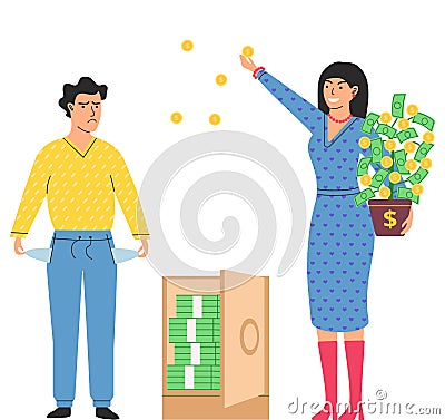 Richness and poverty concept. Rich happy woman scatter bills, poor man shows empty pockets Vector Illustration