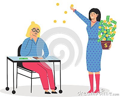 Richness and poverty concept. Rich happy woman scatter money,poor woman counts savings on calculator Vector Illustration