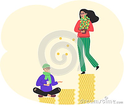 Richness and poverty concept. Rich happy woman scatter money poor male beggar begging on street Vector Illustration