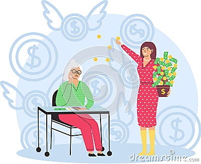 Richness and poverty concept. Rich happy woman scatters money ,poor sad woman counts savings Vector Illustration