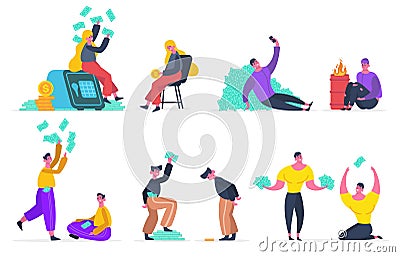 Richness and poverty. Men and women poor and rich characters, economic classes gap. Social inequality isolated vector Vector Illustration