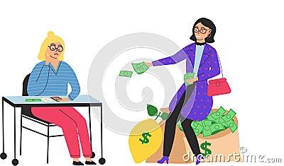 Richness and poverty. Rich happy woman sits on money bag, poor woman counts savings on calculator Vector Illustration