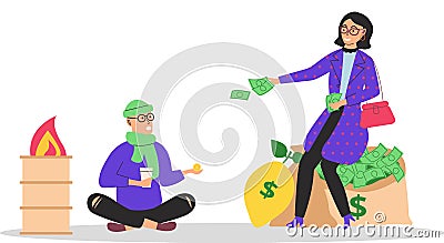 Richness and poverty. Rich happy woman sitting on money bag, poor man tramp begging on street Vector Illustration