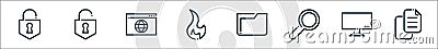 ricon line icons. linear set. quality vector line set such as copy option, television, search, folder, fire, website, unlocked Vector Illustration