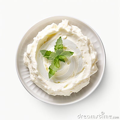 ricotta cheese in a white saucer with a mint leaf Stock Photo