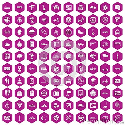 100 ride icons hexagon violet Vector Illustration