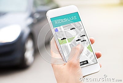 Ride share taxi service on smartphone screen. Stock Photo