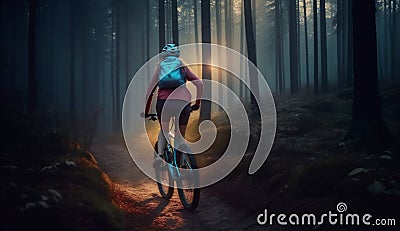 sunset woman bike cycling dark bicycle summer walking forest sport nature. Generative AI. Stock Photo