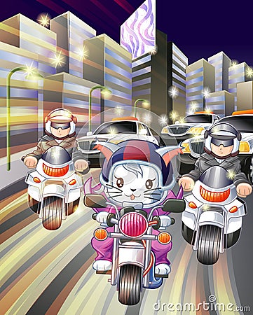 Rider cat and police in city of night. Vector Illustration