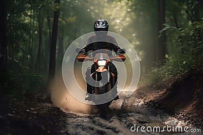 Rider driving motorcycle through forests roads, Generative AI Stock Photo