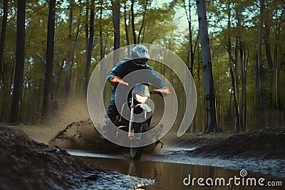 Rider driving motorcycle through forests roads, Generative AI Stock Photo