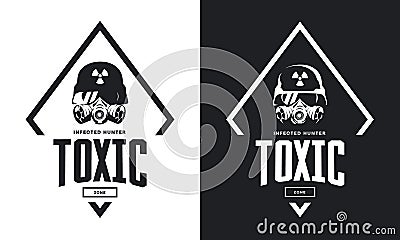 Rider in helmet and gas mask black and white isolated vector logo. Vector Illustration