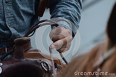 Rider holds onto reins of his horse Stock Photo