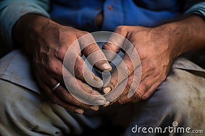 rider in wheelchair petting a horse in a stable Stock Photo