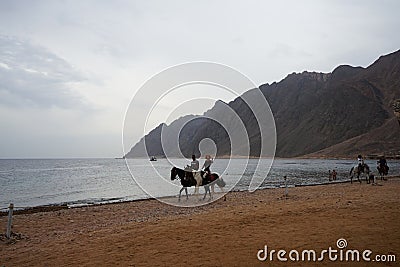 Riders on horseback gallop along the beach along the Red Sea in the Gulf of Aqaba. Dahab, South Sinai Governorate, Egypt Editorial Stock Photo