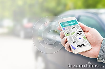 Rideshare taxi app on smartphone screen. Stock Photo