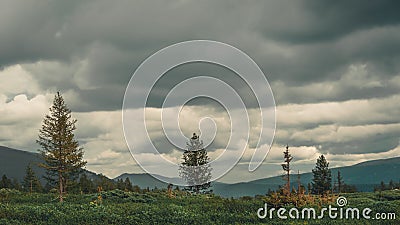 Ridge of hills on thick rain clouds. Travel to mountain valley on foot. Admiration for atmosphere Stock Photo