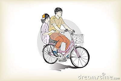 riding bicycle boy an girl free hand drawing, vector and illustration Vector Illustration