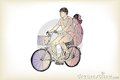 riding bicycle boy an girl free hand drawing, vector and illustration Vector Illustration