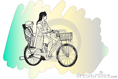 riding bicycle mom and boy, free hand drawing, vector and illustration Vector Illustration