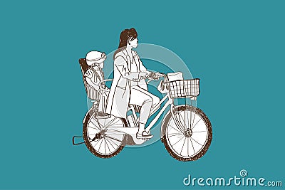 riding bicycle mom and boy, free hand drawing, vector and illustration Vector Illustration