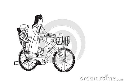 Riding bicycle mom and boy, free hand drawing Vector Illustration