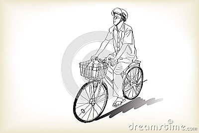 Riding bicycle to market, free hand drawing, Cartoon Illustration