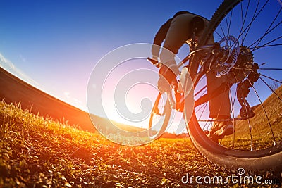 Riding a bike down a trail, close-up the rear wheel. Showing of the workings of the bike. Shallow depth of field. Stock Photo