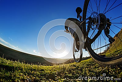 Riding a bike down a trail, close-up the rear wheel. Showing of the workings of the bike. Shallow depth of field. Stock Photo