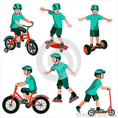 Figures of riding and scating boys Vector Illustration