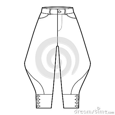 Riding breeches short pants technical fashion illustration with knee length, low normal waist, high rise, curved pocket Vector Illustration