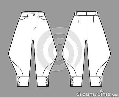 Riding breeches short pants technical fashion illustration with knee length, low normal waist, high rise, curved pocket Vector Illustration