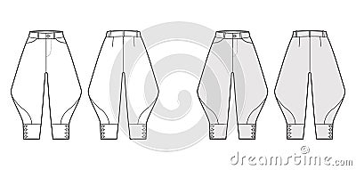 Riding breeches short pants technical fashion illustration with knee length, low normal waist, high rise, curved pocket Vector Illustration