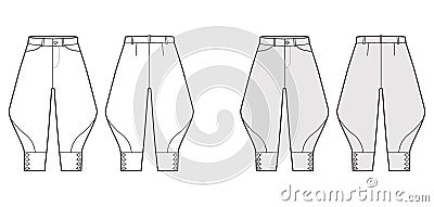 Riding breeches short pants technical fashion illustration with knee length, low waist, rise, curved pocket, buttoned. Vector Illustration